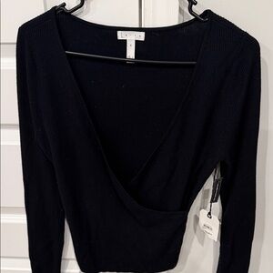 Leith NWT  Black Ribbed Wrap-Front Long Sleeve Top Size Medium